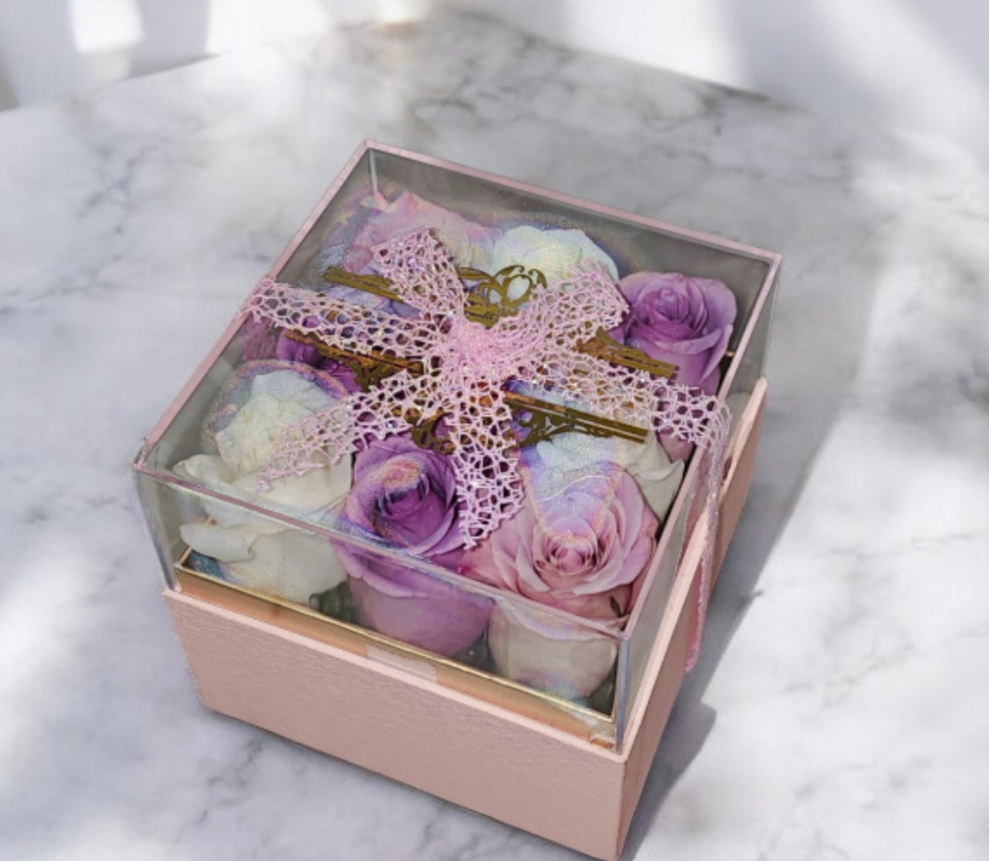 Pink acrylic box + fresh rose arrangement