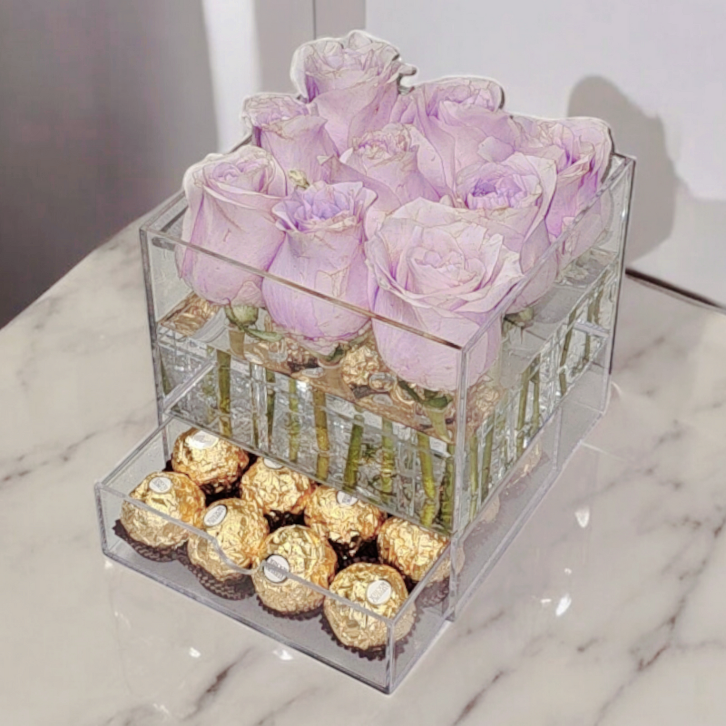 Acrylic box + fresh roses + fererro rocher