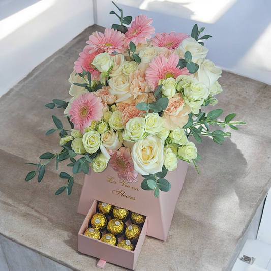 Tower of blooms Box Arrangement + Fererro Rocher