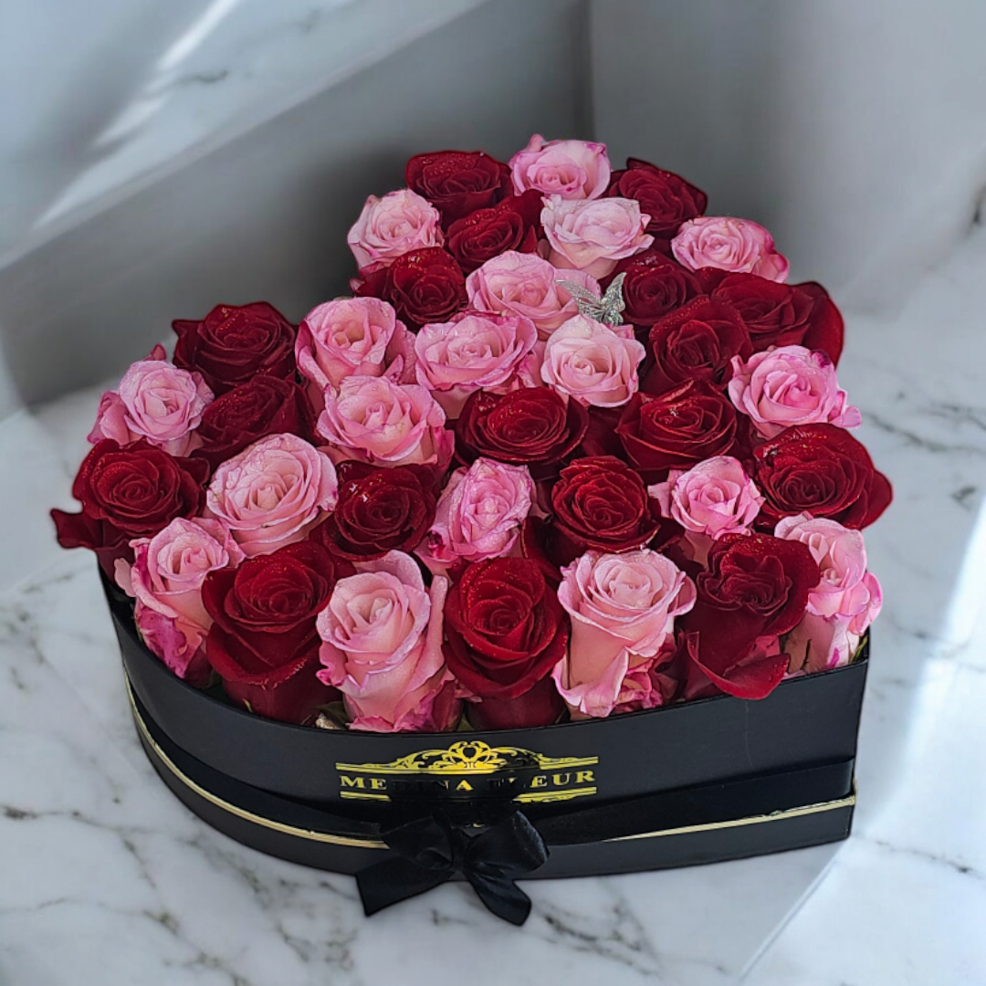 Black heart box + fresh rose arrangement