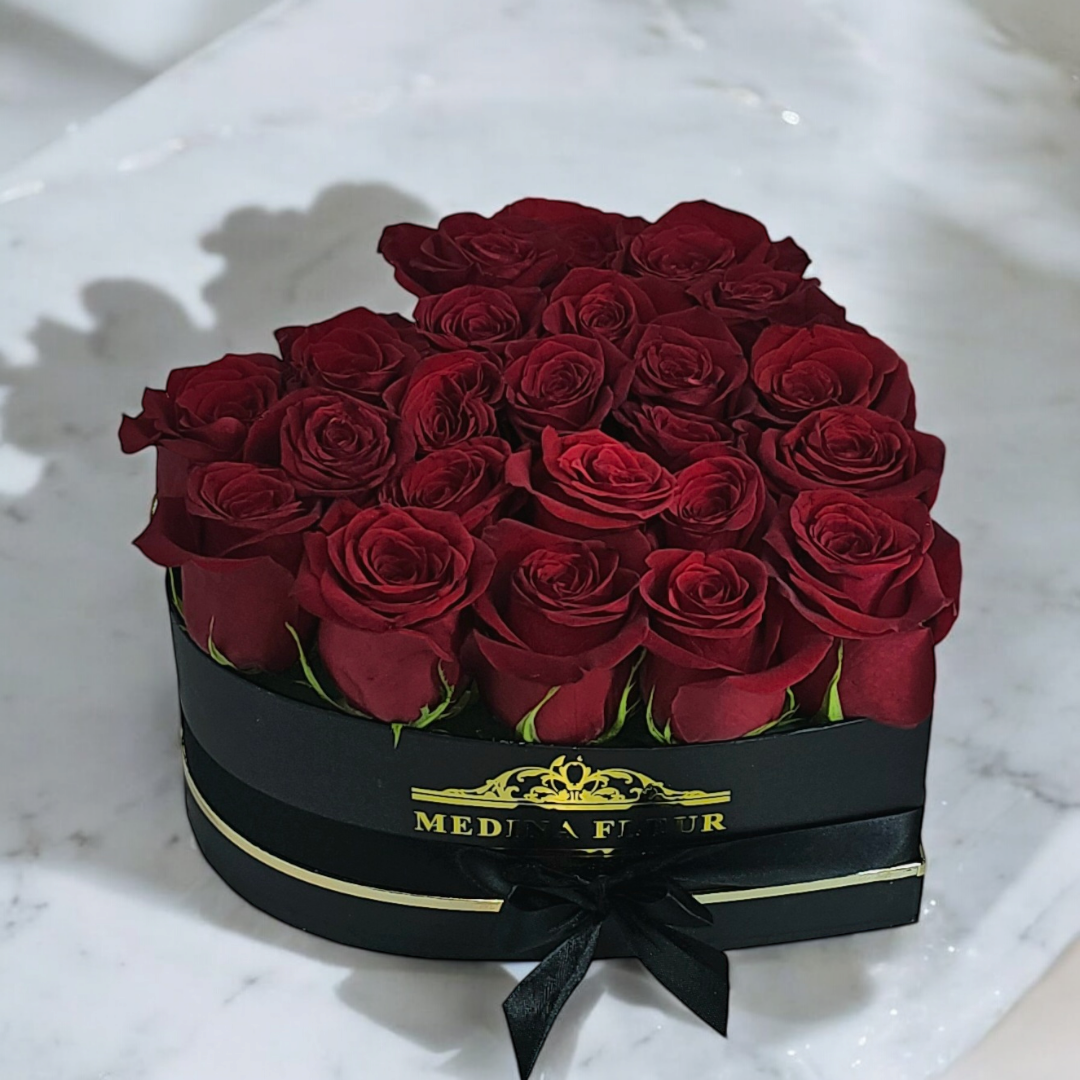 Black heart box + fresh rose arrangement