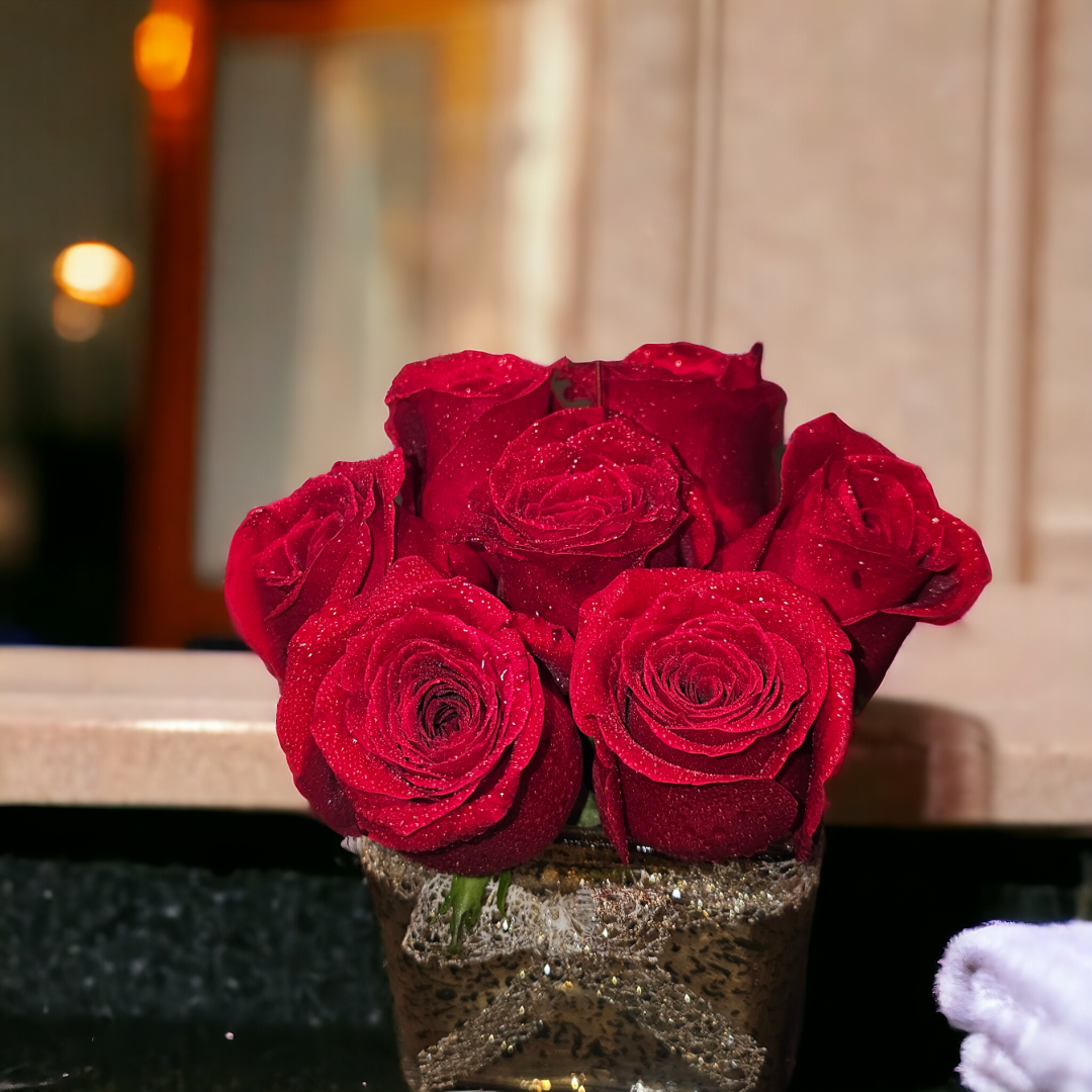 Rose arrangement + gold vase