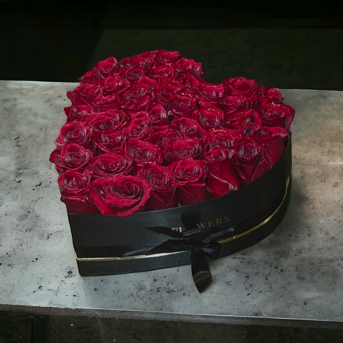 Black heart box + fresh rose arrangement