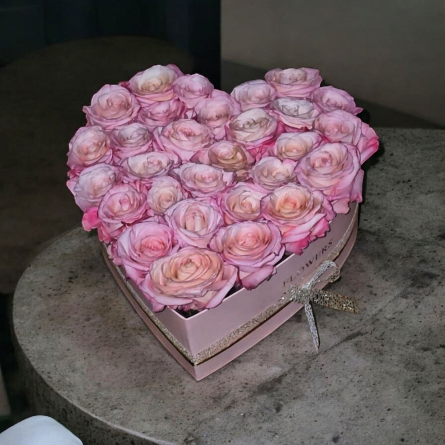 Pink heart + fresh rose arrangement